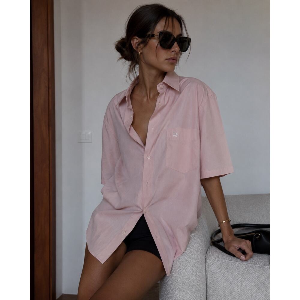 Vintage Christian Dior Logo Blush Pink Oversized Button Down Designer Shirt L XL